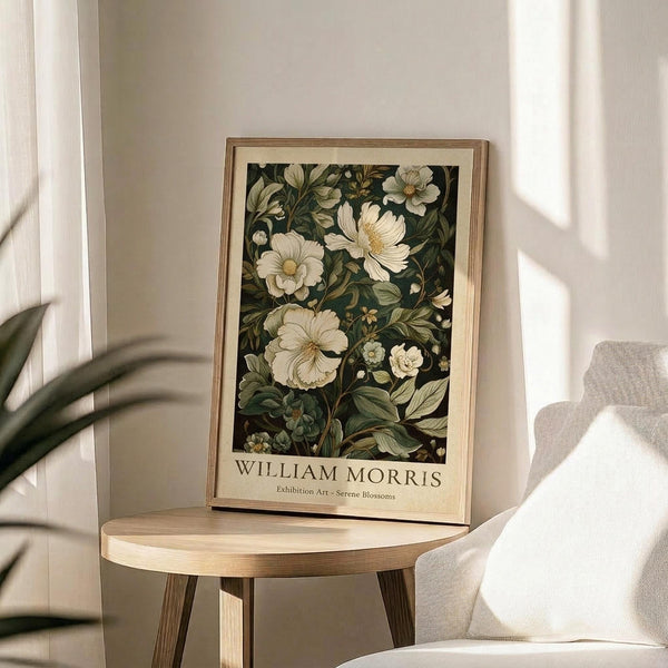 May include: Framed botanical art print displayed on a round wooden side table next to a beige upholstered chair. The artwork features white and cream flowers with green foliage on a dark background, housed in a thin gold frame with cream matting. Soft natural light creates shadows across the neutral-toned room setting with a plant visible in the corner.
