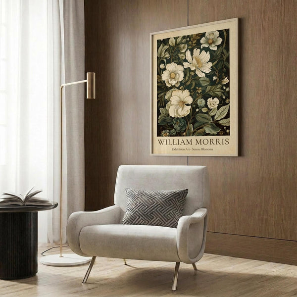 May include: Framed botanical art print featuring cream-colored flowers and dark green foliage against black background, displayed on wood-paneled wall above beige upholstered chair with geometric patterned pillow. Modern brass floor lamp and dark round side table with open book complete the neutral-toned interior setting with natural lighting from window.