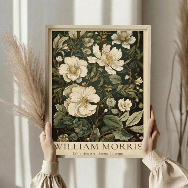 May include: Person holding framed botanical art print featuring cream and white flowers with green foliage on dark background, displayed against neutral curtained window with dried pampas grass visible to the side. Light wooden frame surrounds vintage-style floral illustration with exhibition-style text at bottom.