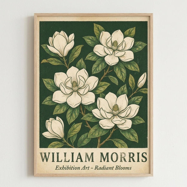 May include: Framed botanical art print featuring white magnolia flowers with green leaves on dark forest green background, displayed in light wood frame against white wall. Vintage-style illustration shows five blooming magnolias in cream and ivory tones with detailed petals and foliage, text at bottom reads "WILLIAM MORRIS Exhibition Art - Radiant Blooms" in serif typeface on cream banner.