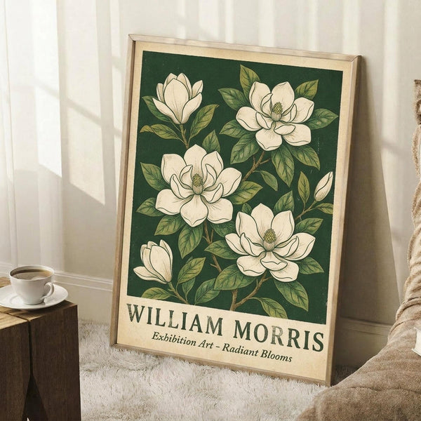 May include: Framed botanical art print leaning against white wall corner, featuring white magnolia flowers with green leaves on dark emerald background, cream matting and light wood frame, positioned next to coffee cup on wooden block and beige knit throw on white textured rug
