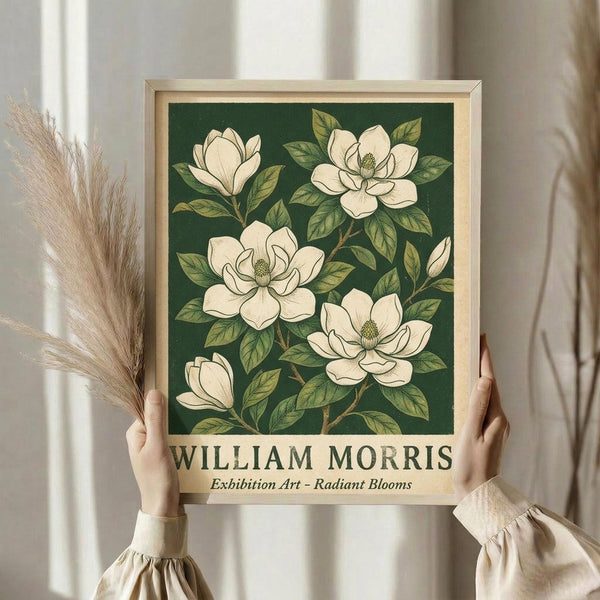 May include: Person holding a framed botanical poster featuring white magnolia flowers with green leaves on a dark emerald background. The print has a cream-colored border with "William Morris" and "Exhibition Art - Radiant Blooms" text at the bottom. Natural light wood frame, dried pampas grass visible on the left, neutral beige clothing and curtained window background.