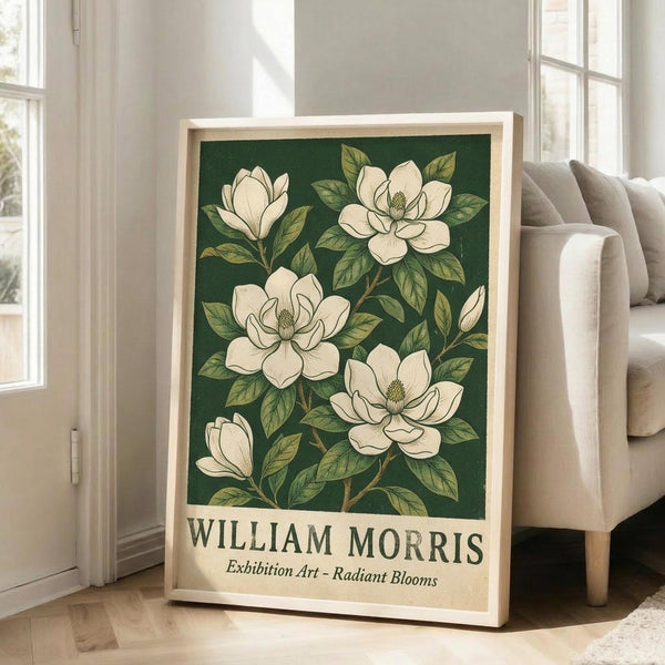 May include: Framed botanical art print leaning against white wall beside beige upholstered chair. Features cream-colored magnolia flowers with green leaves on dark emerald background. Natural wood frame, vintage-inspired design with exhibition-style text at bottom. Bright room with large windows and hardwood floors.