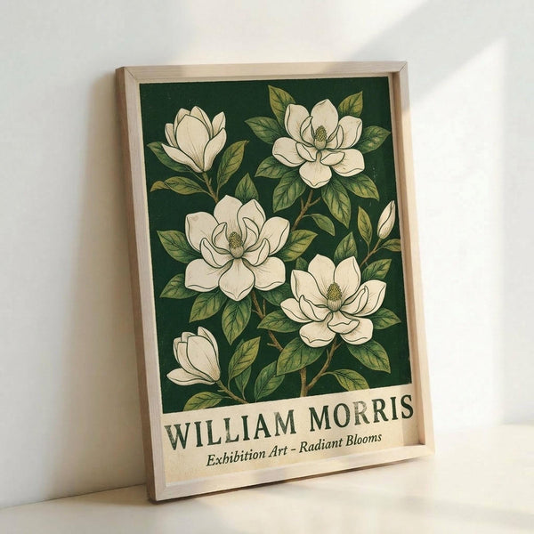 May include: Framed botanical poster with white magnolia flowers and green leaves on dark emerald background, displayed in light wooden frame against white wall. Vintage-style illustration shows detailed blooms with visible stamens and realistic foliage in muted natural tones.
