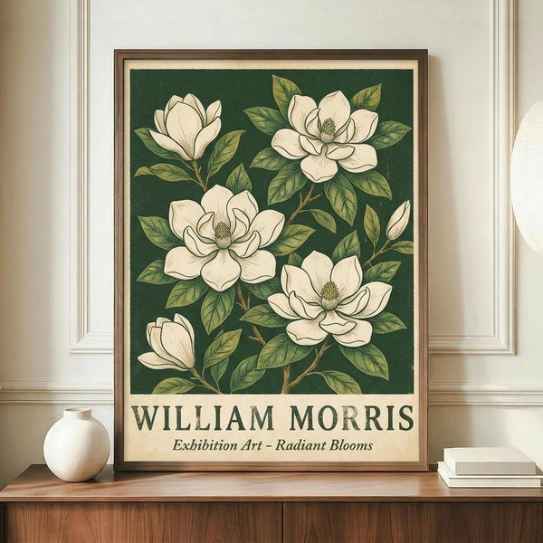 May include: Framed botanical poster with white magnolia flowers and green leaves against dark emerald background, displayed on wooden sideboard next to white ceramic vase and stacked books in elegant room with cream walls and white molding