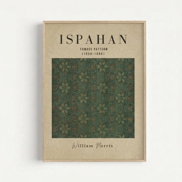 May include: Framed vintage botanical pattern print in muted green and beige tones displayed on white wall. Light wood frame contains William Morris textile design with intricate floral motifs and diagonal geometric elements on cream background. Arts and Crafts movement wallpaper pattern featuring intertwining leaves and flowers in earthy sage green palette.