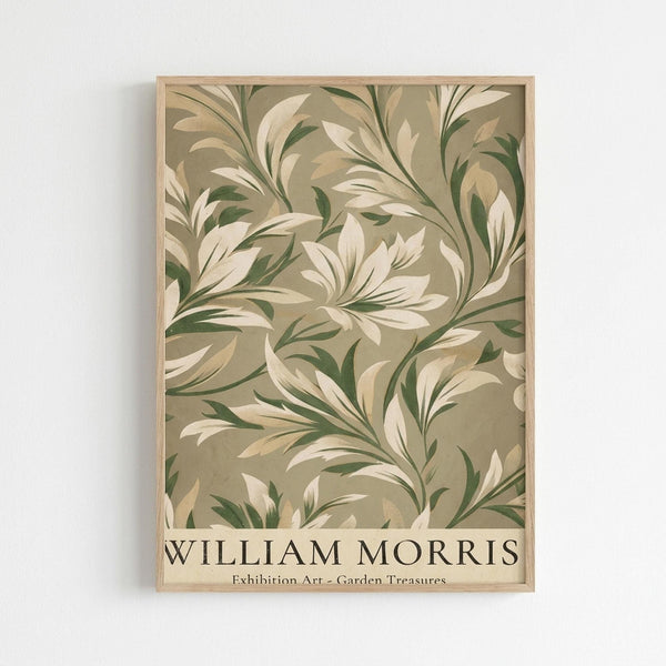 May include: Framed botanical art print hanging on white wall, featuring flowing floral pattern in sage green, cream, and beige tones with curved leaves and stylized flowers, displayed in light wood frame with "WILLIAM MORRIS Exhibition Art - Garden Treasures" text at bottom