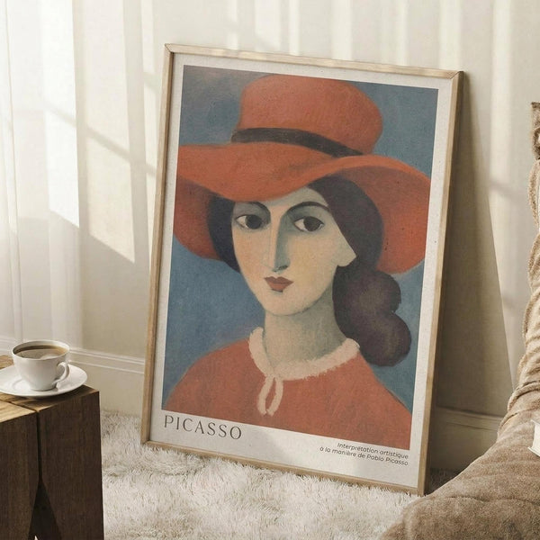 May include: Framed art print showing a woman wearing a large red-orange hat and matching dress with white collar details, painted in a modernist style with geometric facial features against a blue background. The poster displays "PICASSO" text at bottom and leans against a white wall on a textured cream rug, with a coffee cup on a wooden surface nearby and soft natural lighting.