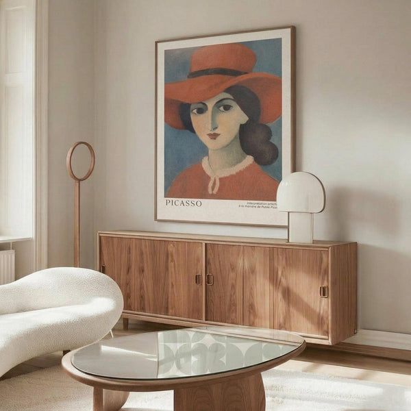 May include: Framed art print of woman wearing wide-brimmed red hat and red top against blue background, displayed above wooden sideboard with glass doors. Modern living room with curved white chair, oval glass coffee table, floor lamp, and table lamp. Sunlight creates shadow patterns on polished floor.