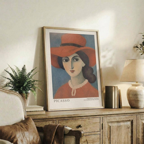 May include: Framed art print of a woman wearing an orange-red wide-brimmed hat and matching top against a blue background, displayed on a rustic wooden sideboard. The minimalist portrait shows simplified facial features in a modern artistic style. The print sits in a thin light wood frame alongside books, a ceramic vase, potted fern, and table lamp in a cozy neutral-toned living room setting.