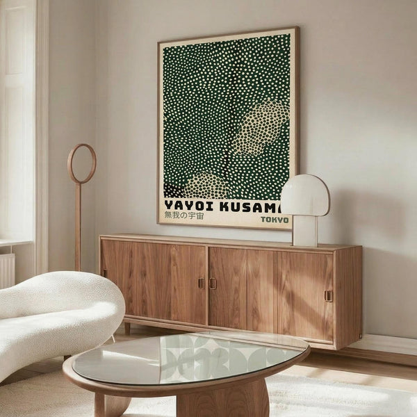 a modern living room with a large abstract painting on the wall, a wooden cabinet, a white sofa, and a glass coffee table.