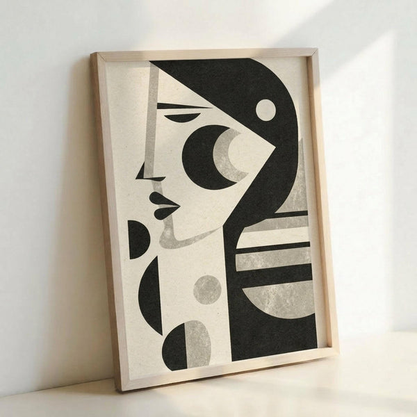 May include: Framed abstract geometric artwork featuring a stylized woman's profile in black and cream tones, displayed in light wood frame leaning against white wall. The minimalist composition uses curved and angular shapes, circles, and lines to create the portrait in a modern artistic style.