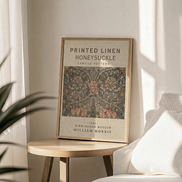 May include: Framed poster featuring William Morris's intricate Honeysuckle pattern from 1896 with green foliage and pink flowers on cream background. Natural wood frame sits on round wooden side table next to beige upholstered chair. Soft natural lighting creates gentle shadows, with plant leaves visible in corner of minimalist neutral room setting.