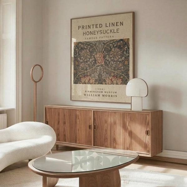 May include: Framed vintage botanical poster with honeysuckle pattern in muted greens and pinks displayed on wooden sideboard. Modern living room setting with cream upholstered chair, glass oval coffee table, and minimalist brass floor lamp. Warm natural lighting creates soft shadows on neutral walls.