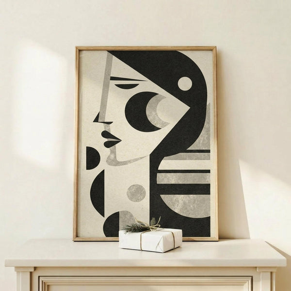May include: Abstract modernist poster featuring a stylized woman's profile in black and grey geometric shapes, displayed in a light wood frame on a pale wooden surface next to a small white wrapped gift with twine and greenery sprig, against a cream wall with soft natural lighting.