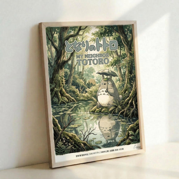 May include: Framed poster print leaning against white wall showing Totoro character holding umbrella in lush green forest setting. The artwork features Studio Ghibli animation style with Japanese and English text at top. Totoro's reflection visible in water below, surrounded by detailed trees, ferns and natural woodland elements in soft green and earth tones. Light wooden frame visible around edges.