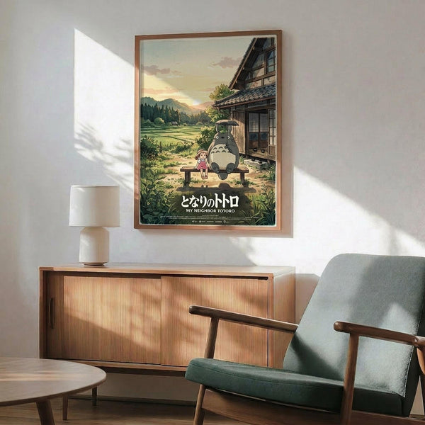 May include: Framed Studio Ghibli poster featuring Totoro and small child sitting on wooden bench outside traditional Japanese house, surrounded by green countryside and mountains at sunset. Wood-framed print hangs above mid-century modern credenza with white ceramic lamp, next to sage green upholstered armchair with wooden arms in bright, minimalist living room with white walls and natural lighting.