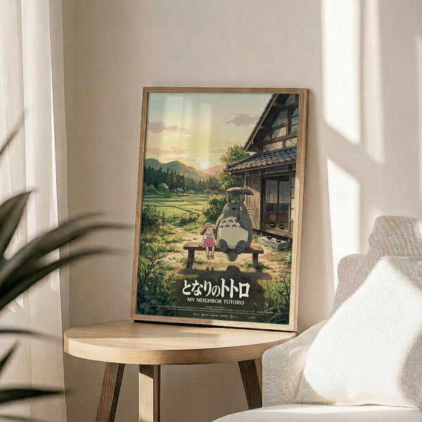May include: Framed Studio Ghibli movie poster displayed on round wooden side table next to beige upholstered chair. Artwork shows iconic gray Totoro character sitting on wooden bench with young girl under umbrella, featuring lush green countryside landscape with traditional Japanese house, mountains, and golden sunset sky. Natural wood frame complements warm, sunlit room setting with plant leaves visible in corner.
