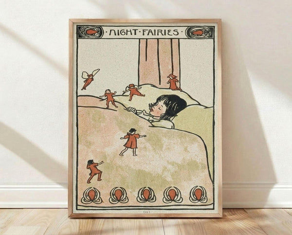 May include: Framed vintage illustration showing a child sleeping in bed surrounded by small red-clothed fairies. The artwork features muted earth tones with "Night Fairies" text at top and decorative border elements. Print displayed in light wood frame, leaning against white wall on wooden floor with soft natural lighting creating gentle shadows.
