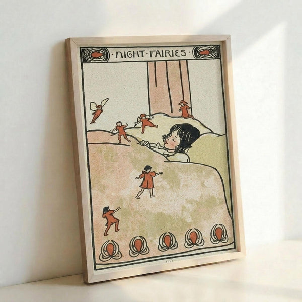 Framed vintage illustration showing a sleeping child in bed surrounded by small red-dressed fairies. The artwork features muted colors with green and peach tones, decorative Art Nouveau-style border elements, and "Night Fairies" text at the top. The print is displayed in a light wood frame leaning against a white wall, casting a soft shadow.