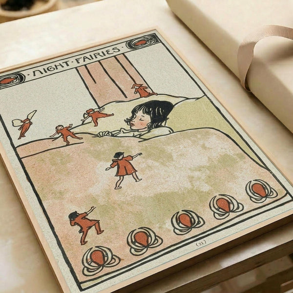 Vintage children's book illustration showing a child sleeping in bed while small red-clothed fairies dance around the room. The artwork features muted green and beige tones with "Night Fairies" text at the top and decorative circular motifs along the bottom border. The print appears on aged paper in an open book or portfolio, surrounded by cream-colored fabric ribbon.