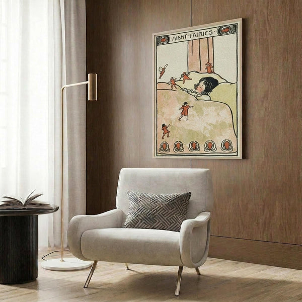 May include: Vintage 1910 illustration poster showing a child in bed surrounded by small red fairies, with "Night Fairies" text at top and decorative border elements. The artwork features muted earth tones and whimsical fairy tale imagery. Displayed in a modern reading nook with beige upholstered armchair, geometric pillow, brass floor lamp, and dark wood paneling.