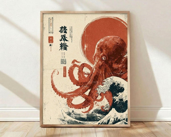 May include: Framed Japanese-style woodblock print artwork featuring a large red octopus with curling tentacles emerging from stylized blue ocean waves with white foam. The vintage-inspired poster has Japanese text characters on cream-colored aged paper background with red circular sun element. Displayed in light wood frame leaning against white wall on wooden floor with soft natural lighting and shadows.