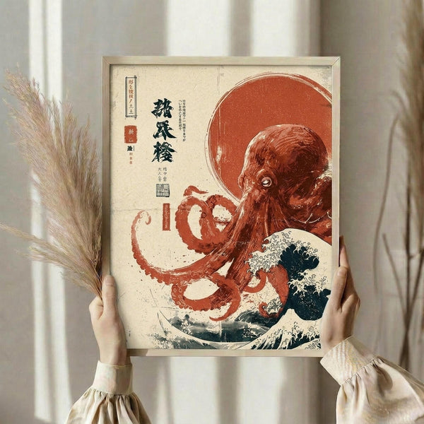 May include: Person in cream ruffled sleeves holding framed Japanese-style artwork featuring red octopus with tentacles emerging from stylized wave. Print shows traditional ukiyo-e aesthetic with blue ocean waves, red sun, and Japanese text on aged paper background. Dried pampas grass visible beside figure against soft curtained window.