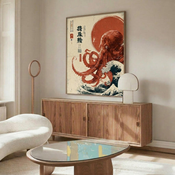 May include: Japanese-inspired poster print featuring red octopus with curling tentacles against cream background with blue wave design and Asian calligraphy, displayed above mid-century modern walnut credenza in minimalist living room with white curved chair, brass floor lamp, and oval glass coffee table