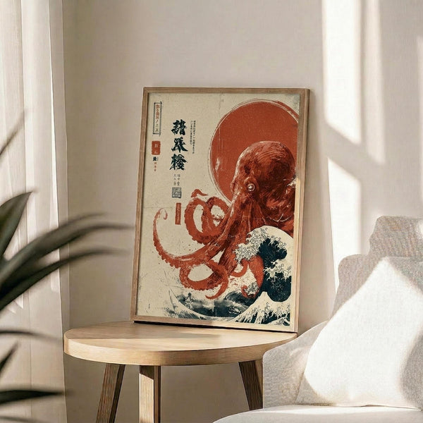 May include: Japanese-style art print in wooden frame showing red octopus with flowing tentacles against cream background, featuring blue ocean wave and large red sun. Print displayed on round wooden side table next to beige upholstered chair with white pillow. Soft natural lighting creates shadows on neutral wall, with plant leaves visible in corner.