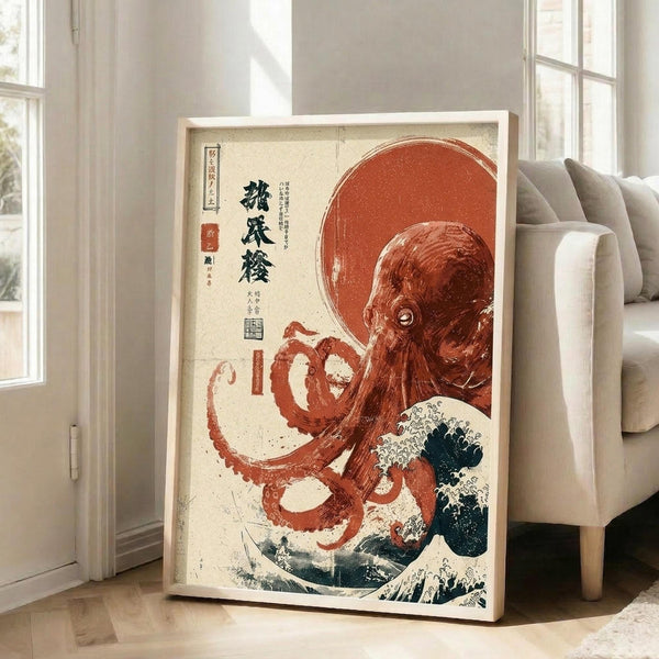 May include: Framed Japanese-style poster print featuring a large red octopus with curling tentacles against a cream background, with dark blue stylized ocean waves below and a red sun or moon circle above. The artwork includes traditional Japanese text characters on the left side and appears weathered with an aged, vintage texture. The white wooden frame leans against a wall next to a beige upholstered sofa in a bright living room with white walls and large windows.