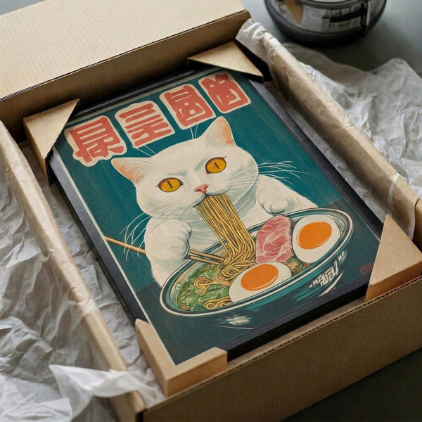 May include: Framed poster print in wooden frame showing white cat with golden eyes eating from bowl of ramen noodles with eggs and meat, featuring Japanese text characters in red boxes on teal background, vintage-style illustration, displayed in shipping box with protective tissue paper wrapping