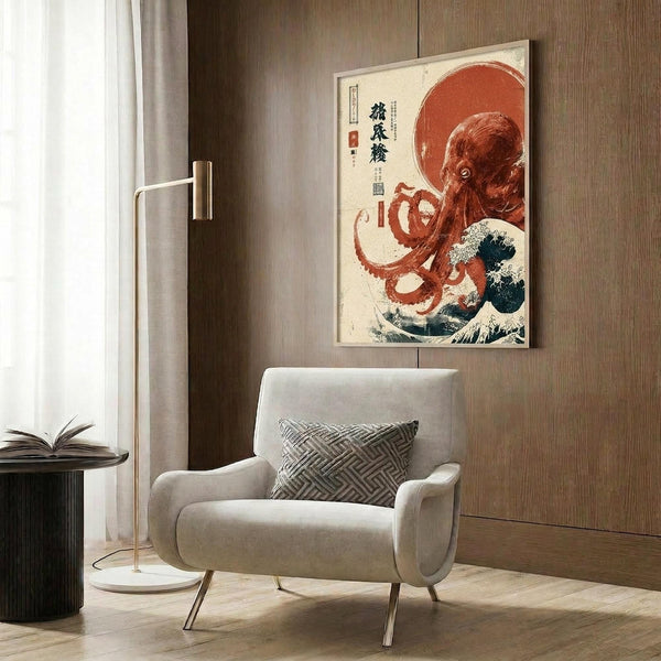 May include: Japanese-style artwork showing a red octopus with curling tentacles against a cream background with orange sun and blue ocean wave, displayed in light wood frame on wood-paneled wall above beige armchair with geometric pillow, brass floor lamp and dark side table with open book nearby