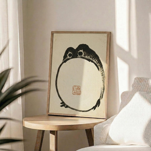 May include: Japanese ink painting of a minimalist frog with large round eyes and circular body, displayed in a light wood frame on a small wooden side table next to a beige upholstered chair. The artwork features bold black brushstrokes on cream paper with a red artist's seal, surrounded by soft natural lighting and green plant leaves in a neutral-toned room setting.