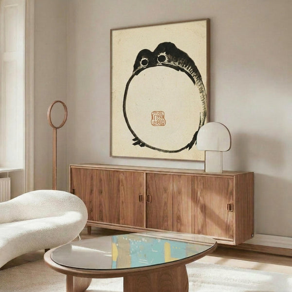 May include: Japanese ink brush painting of a minimalist black frog in a circular pose against cream background, displayed in thin brown frame above mid-century modern walnut credenza. Room features white curved chair, brass floor lamp, oval glass coffee table with blue accent, and white walls with natural lighting.