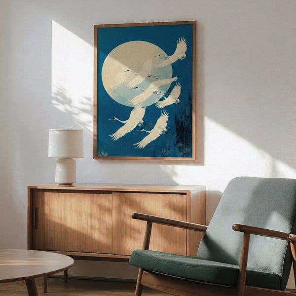May include: Framed Japanese-style print featuring white cranes flying against deep blue night sky with large pale moon, displayed above mid-century modern wood credenza with table lamp, next to sage green upholstered armchair in sunlit room with white walls
