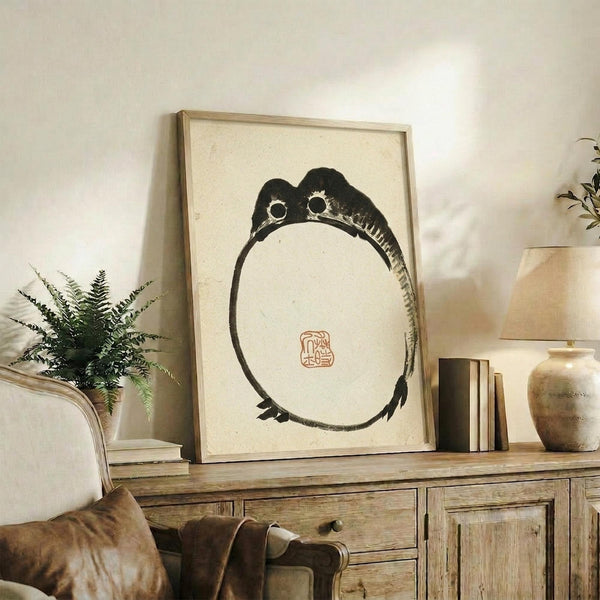 May include: Black ink brush painting of a minimalist frog with large round eyes on cream textured paper, displayed in light wood frame on rustic wooden sideboard. Room setting shows brown leather chair, fern plant in pot, ceramic vase, and stacked books. Artwork features red square seal stamp and traditional Japanese sumi-e style with bold circular body shape.