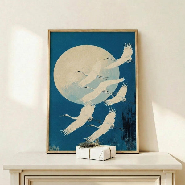 May include: Framed vintage Japanese woodblock print showing white cranes flying across deep blue night sky with large pale moon, displayed on light wood console table with small wrapped gift box, against cream wall with natural lighting