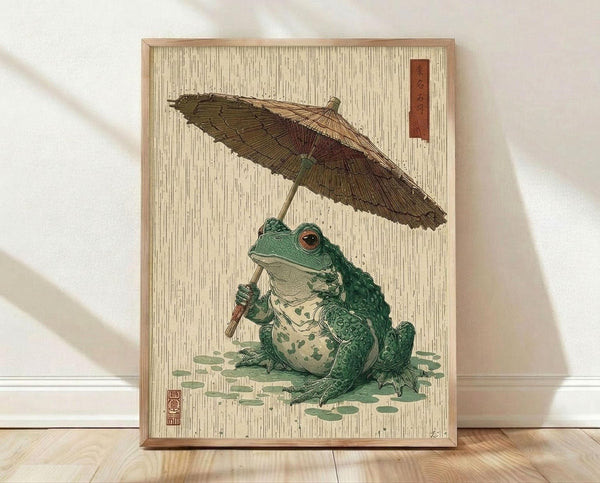 May include: Framed Japanese woodblock style print featuring a green frog holding a traditional paper umbrella in falling rain. The artwork displays muted earth tones with detailed cross-hatching technique and Japanese characters in red cartouches. Light wood frame sits on wooden floor against white wall with natural lighting creating soft shadows.