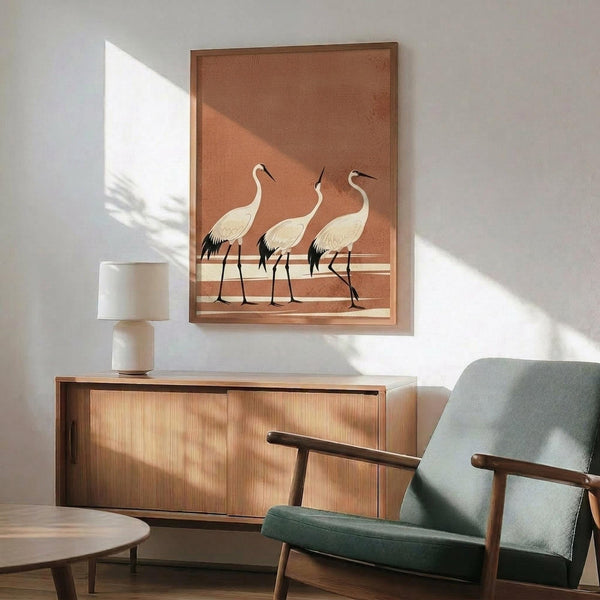 May include: Framed poster with three white cranes on warm terracotta background displayed above mid-century modern wood credenza. Scene shows sage green upholstered armchair with wooden arms, white ceramic table lamp, and natural sunlight casting shadows across white wall. Artwork features minimalist Japanese-inspired design with elegant long-necked birds standing on geometric striped ground in cream and brown tones.