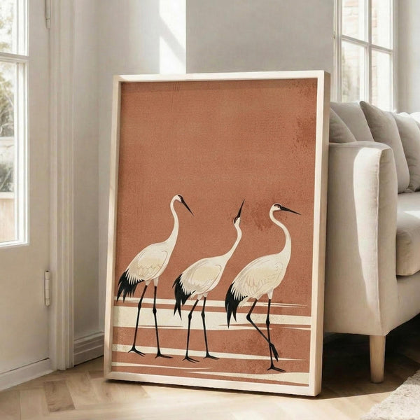 May include: Large framed poster print leaning against white wall next to beige sofa in bright living room. Artwork shows three elegant white cranes with black wing tips and long necks standing on geometric striped ground in warm terracotta orange tones. Light wood frame, minimalist style with textured background, approximately 2-3 feet tall based on sofa scale.