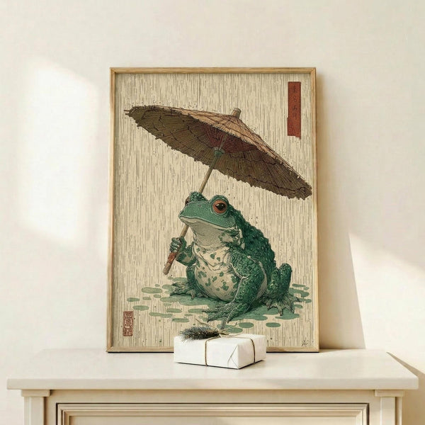 May include: A framed Japanese woodblock-style print displaying a green frog sitting upright while holding a brown woven umbrella, depicted in traditional ukiyo-e art style with vertical rain lines in the background and Japanese characters in red cartouches. The artwork is shown in a light wood frame, positioned on a cream-colored wooden shelf or dresser against a white wall, with a small wrapped white gift box placed in front of the frame.