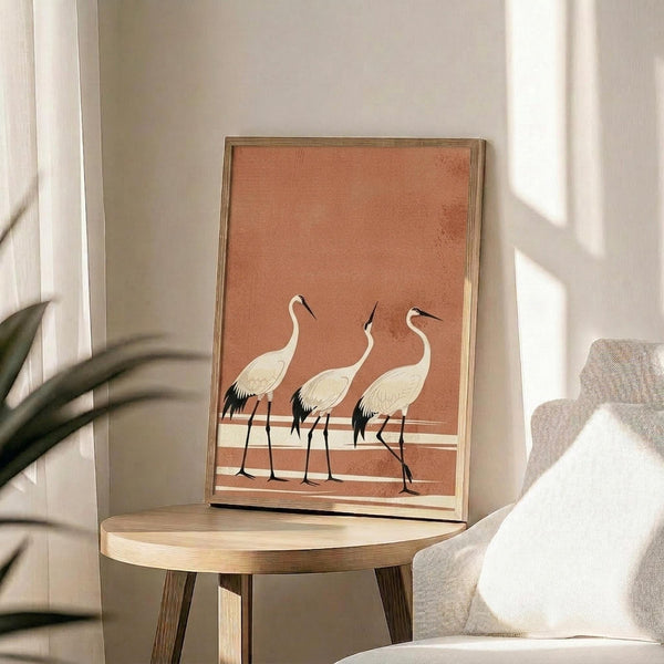 May include: Framed poster showing three white cranes with black wing tips and long beaks standing on coral-orange background, displayed on round wooden side table next to beige upholstered chair with white throw pillow, green plant leaves visible, natural sunlight casting shadows on cream wall