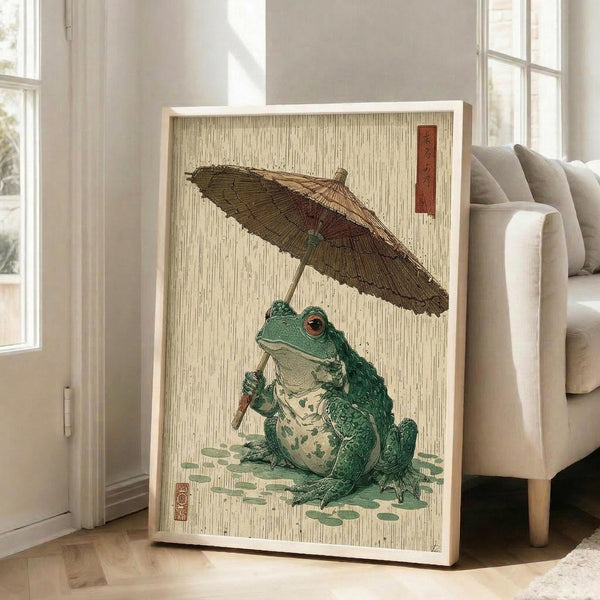 May include: Framed poster displaying Japanese woodblock-style artwork of a green frog holding a traditional bamboo umbrella in falling rain. The frog sits on lily pads with detailed texture and shading in muted green and brown tones against a cream background with vertical rain lines. Red Japanese characters appear in upper right corner. Frame has light wood finish and leans against white wall next to beige upholstered chair in bright, modern living room with large windows.