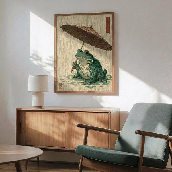 May include: Japanese woodblock style print featuring a green frog sitting under a brown paper umbrella in falling rain, displayed in a wooden frame above a mid-century modern credenza with a small white table lamp. The artwork shows traditional Asian art styling with muted earth tones against a textured background. A sage green upholstered armchair with wooden arms sits nearby in the bright, minimalist room setting.