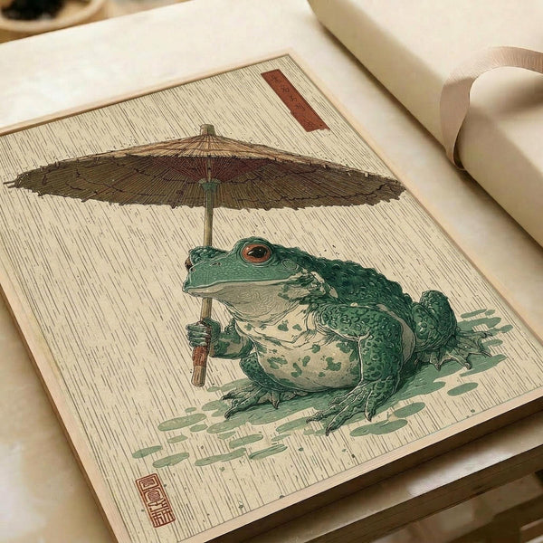 May include: Japanese woodblock-style print featuring a green frog holding a traditional bamboo umbrella, displayed on cream-colored paper with red text cartouches. The artwork shows detailed cross-hatching technique with muted earth tones. Print lies flat on white surface next to rolled paper, showing the vintage-inspired illustration style with the frog sitting beneath the parasol against a textured background.