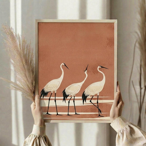 May include: Person holding framed poster print featuring three elegant white cranes with black wing tips and long legs standing on terracotta orange background with horizontal striped border. Light wood frame, hands in beige ruffled sleeves, dried pampas grass visible, neutral curtained interior setting.