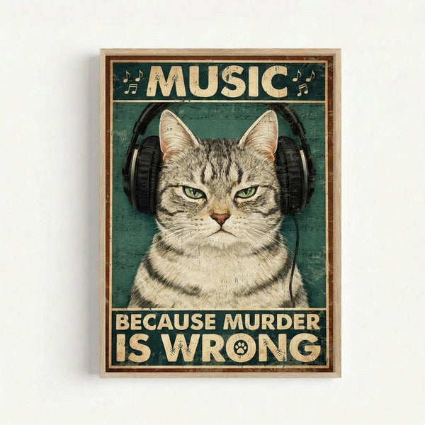 Vintage-style poster featuring a tabby cat with green eyes wearing black headphones against a teal background. The word "MUSIC" appears at the top with musical note symbols, and "BECAUSE MURDER IS WRONG" at the bottom with a paw print replacing the "O" in "WRONG". The artwork has a distressed, retro appearance with cream-colored text and is displayed in a light wooden frame against a white wall.