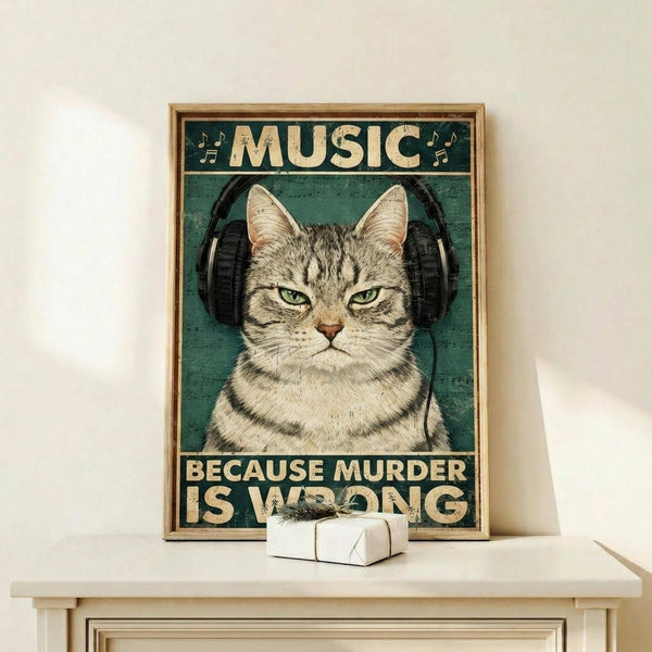May include: Framed poster featuring a tabby cat wearing black headphones on teal background with cream text and musical note decorations, displayed on light wood shelf next to small white gift box against white wall