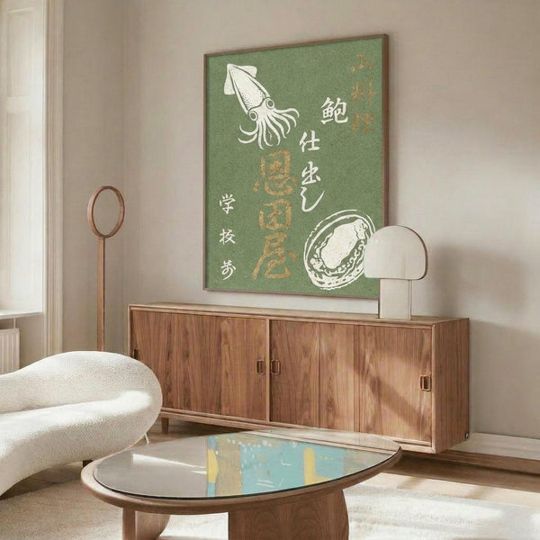 May include: Green vintage-style poster with white squid illustration and Japanese text displayed above wooden sideboard in modern living room. Cream upholstered chair and glass coffee table with blue accent visible. Poster shows retro seafood design with abalone shell graphic in earthy sage green color with white and orange text elements.